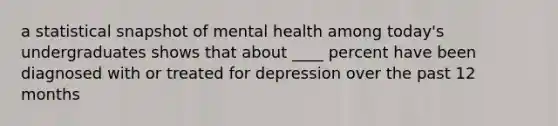 a statistical snapshot of mental health among today's undergraduates shows that about ____ percent have been diagnosed with or treated for depression over the past 12 months