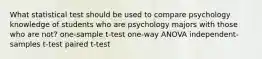 What statistical test should be used to compare psychology knowledge of students who are psychology majors with those who are not? one-sample t-test one-way ANOVA independent-samples t-test paired t-test