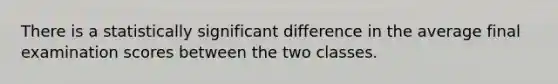 There is a statistically significant difference in the average final examination scores between the two classes.