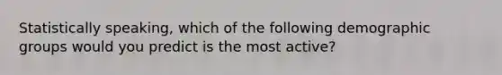 Statistically speaking, which of the following demographic groups would you predict is the most active?