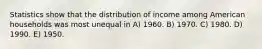 Statistics show that the distribution of income among American households was most unequal in A) 1960. B) 1970. C) 1980. D) 1990. E) 1950.