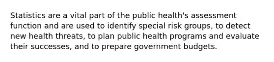 Statistics are a vital part of the public health's assessment function and are used to identify special risk groups, to detect new health threats, to plan public health programs and evaluate their successes, and to prepare government budgets.