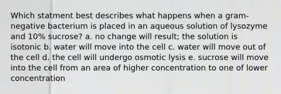 Which statment best describes what happens when a gram-negative bacterium is placed in an aqueous solution of lysozyme and 10% sucrose? a. no change will result; the solution is isotonic b. water will move into the cell c. water will move out of the cell d. the cell will undergo osmotic lysis e. sucrose will move into the cell from an area of higher concentration to one of lower concentration