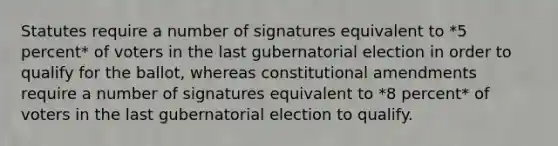 Statutes require a number of signatures equivalent to *5 percent* of voters in the last gubernatorial election in order to qualify for the ballot, whereas constitutional amendments require a number of signatures equivalent to *8 percent* of voters in the last gubernatorial election to qualify.