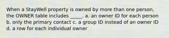 When a StayWell property is owned by <a href='https://www.questionai.com/knowledge/keWHlEPx42-more-than' class='anchor-knowledge'>more than</a> one person, the OWNER table includes _____. a. an owner ID for each person b. only the primary contact c. a group ID instead of an owner ID d. a row for each individual owner