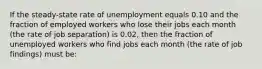 If the steady-state rate of unemployment equals 0.10 and the fraction of employed workers who lose their jobs each month (the rate of job separation) is 0.02, then the fraction of unemployed workers who find jobs each month (the rate of job findings) must be: