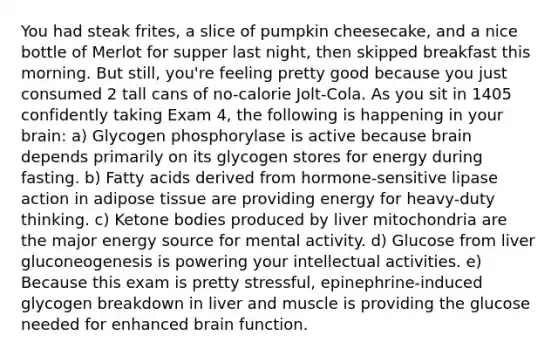 You had steak frites, a slice of pumpkin cheesecake, and a nice bottle of Merlot for supper last night, then skipped breakfast this morning. But still, you're feeling pretty good because you just consumed 2 tall cans of no-calorie Jolt-Cola. As you sit in 1405 confidently taking Exam 4, the following is happening in your brain: a) Glycogen phosphorylase is active because brain depends primarily on its glycogen stores for energy during fasting. b) <a href='https://www.questionai.com/knowledge/kXSfyghuEN-fatty-acids' class='anchor-knowledge'>fatty acids</a> derived from hormone-sensitive lipase action in adipose tissue are providing energy for heavy-duty thinking. c) <a href='https://www.questionai.com/knowledge/kR9thwvAYz-ketone-bodies' class='anchor-knowledge'>ketone bodies</a> produced by liver mitochondria are the major energy source for mental activity. d) Glucose from liver gluconeogenesis is powering your intellectual activities. e) Because this exam is pretty stressful, epinephrine-induced glycogen breakdown in liver and muscle is providing the glucose needed for enhanced brain function.