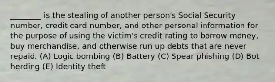 ________ is the stealing of another person's Social Security number, credit card number, and other personal information for the purpose of using the victim's credit rating to borrow money, buy merchandise, and otherwise run up debts that are never repaid. (A) Logic bombing (B) Battery (C) Spear phishing (D) Bot herding (E) Identity theft