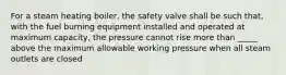 For a steam heating boiler, the safety valve shall be such that, with the fuel burning equipment installed and operated at maximum capacity, the pressure cannot rise more than _____ above the maximum allowable working pressure when all steam outlets are closed