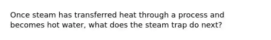 Once steam has transferred heat through a process and becomes hot water, what does the steam trap do next?