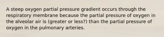 A steep oxygen partial pressure gradient occurs through the respiratory membrane because the partial pressure of oxygen in the alveolar air is (greater or less?) than the partial pressure of oxygen in the pulmonary arteries.