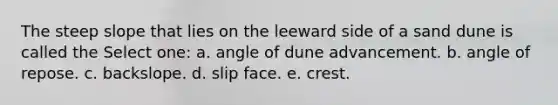 The steep slope that lies on the leeward side of a sand dune is called the Select one: a. angle of dune advancement. b. angle of repose. c. backslope. d. slip face. e. crest.