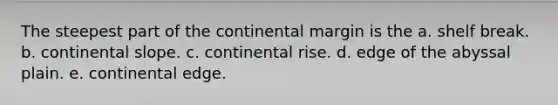 The steepest part of the continental margin is the a. shelf break. b. continental slope. c. continental rise. d. edge of the abyssal plain. e. continental edge.