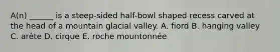 A(n) ______ is a steep-sided half-bowl shaped recess carved at the head of a mountain glacial valley. A. fiord B. hanging valley C. arête D. cirque E. roche mountonnée