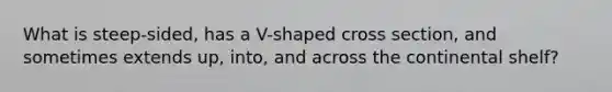 What is steep-sided, has a V-shaped cross section, and sometimes extends up, into, and across the continental shelf?