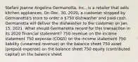 Stefani Joanne Angelina Germanotta, Inc., is a retailer that sells kitchen appliances. On Dec. 30, 2020, a customer stopped by Germanotta's store to order a 750 dishwasher and paid cash. Germanotta will deliver the dishwasher to the customer on Jan. 15, 2021. What should Germanotta record for this transaction in its 2020 financial statement? 750 revenue on the income statement 750 expense (COGS) on the income statement 750 liability (unearned revenue) on the balance sheet 750 asset (prepaid expense) on the balance sheet 750 equity (contributed capital) on the balance sheet