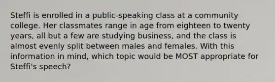 Steffi is enrolled in a public-speaking class at a community college. Her classmates range in age from eighteen to twenty years, all but a few are studying business, and the class is almost evenly split between males and females. With this information in mind, which topic would be MOST appropriate for Steffi's speech?