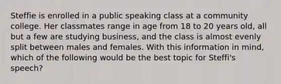 Steffie is enrolled in a public speaking class at a community college. Her classmates range in age from 18 to 20 years old, all but a few are studying business, and the class is almost evenly split between males and females. With this information in mind, which of the following would be the best topic for Steffi's speech?