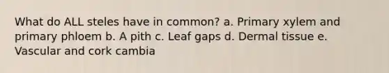 What do ALL steles have in common? a. Primary xylem and primary phloem b. A pith c. Leaf gaps d. Dermal tissue e. Vascular and cork cambia