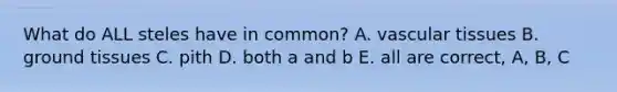 What do ALL steles have in common? A. vascular tissues B. ground tissues C. pith D. both a and b E. all are correct, A, B, C