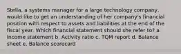 Stella, a systems manager for a large technology company, would like to get an understanding of her company's financial position with respect to assets and liabilities at the end of the fiscal year. Which financial statement should she refer to? a. Income statement b. Activity ratio c. TQM report d. Balance sheet e. Balance scorecard