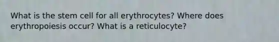 What is the stem cell for all erythrocytes? Where does erythropoiesis occur? What is a reticulocyte?