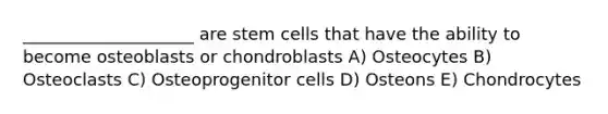 ____________________ are stem cells that have the ability to become osteoblasts or chondroblasts A) Osteocytes B) Osteoclasts C) Osteoprogenitor cells D) Osteons E) Chondrocytes