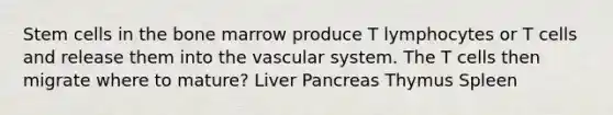 Stem cells in the bone marrow produce T lymphocytes or T cells and release them into the vascular system. The T cells then migrate where to mature? Liver Pancreas Thymus Spleen