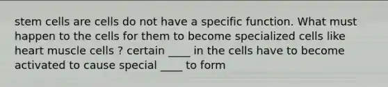 stem cells are cells do not have a specific function. What must happen to the cells for them to become specialized cells like heart muscle cells ? certain ____ in the cells have to become activated to cause special ____ to form