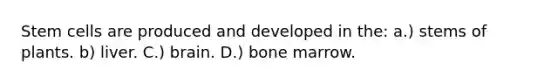 Stem cells are produced and developed in the: a.) stems of plants. b) liver. C.) brain. D.) bone marrow.