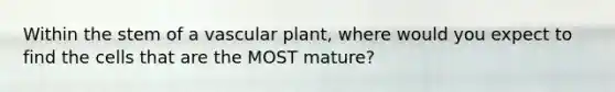 Within the stem of a vascular plant, where would you expect to find the cells that are the MOST mature?