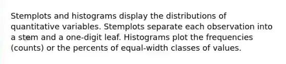 Stemplots and histograms display the distributions of quantitative variables. Stemplots separate each observation into a stem and a one-digit leaf. Histograms plot the frequencies (counts) or the percents of equal-width classes of values.