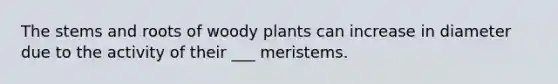 The stems and roots of woody plants can increase in diameter due to the activity of their ___ meristems.