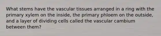 What stems have the vascular tissues arranged in a ring with the primary xylem on the inside, the primary phloem on the outside, and a layer of dividing cells called the vascular cambium between them?