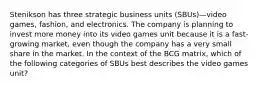 Stenikson has three strategic business units (SBUs)—video games, fashion, and electronics. The company is planning to invest more money into its video games unit because it is a fast-growing market, even though the company has a very small share in the market. In the context of the BCG matrix, which of the following categories of SBUs best describes the video games unit?