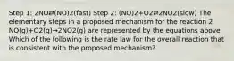 Step 1: 2NO⇄(NO)2(fast) Step 2: (NO)2+O2⇄2NO2(slow) The elementary steps in a proposed mechanism for the reaction 2 NO(g)+O2(g)→2NO2(g) are represented by the equations above. Which of the following is the rate law for the overall reaction that is consistent with the proposed mechanism?