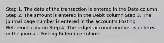 Step 1. The date of the transaction is entered in the Date column Step 2. The amount is entered in the Debit column Step 3. The journal page number is entered in the account's Posting Reference column Step 4. The ledger account number is entered in the journals Posting Reference column