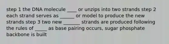 step 1 the DNA molecule ____ or unzips into two strands step 2 each strand serves as ______ or model to produce the new strands step 3 two new _______ strands are produced following the rules of _____ as base pairing occurs, sugar phosphate backbone is built