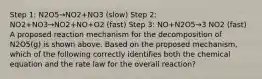 Step 1: N2O5→NO2+NO3 (slow) Step 2: NO2+NO3→NO2+NO+O2 (fast) Step 3: NO+N2O5→3 NO2 (fast) A proposed reaction mechanism for the decomposition of N2O5(g) is shown above. Based on the proposed mechanism, which of the following correctly identifies both the chemical equation and the rate law for the overall reaction?