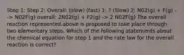 Step 1: Step 2: Overall: (slow) (fast) 1: ? (Slow) 2: N02(g) + F(g) --> N02F(g) overall: 2N02(g) + F2(g) -> 2 N02F(g) The overall reaction represented above is proposed to take place through two elementary steps. Which of the following statements about the chemical equation for step 1 and the rate law for the overall reaction is correct?