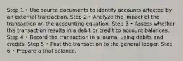 Step 1 • Use source documents to identify accounts affected by an external transaction. Step 2 • Analyze the impact of the transaction on the accounting equation. Step 3 • Assess whether the transaction results in a debit or credit to account balances. Step 4 • Record the transaction in a journal using debits and credits. Step 5 • Post the transaction to the general ledger. Step 6 • Prepare a trial balance.