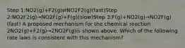 Step 1:NO2(g)+F2(g)⇄NO2F2(g)(fast)Step 2:NO2F2(g)→NO2F(g)+F(g)(slow)Step 3:F(g)+NO2(g)→NO2F(g)(fast) A proposed mechanism for the chemical reaction 2NO2(g)+F2(g)→2NO2F(g)is shown above. Which of the following rate laws is consistent with this mechanism?