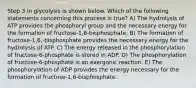 Step 3 in glycolysis is shown below. Which of the following statements concerning this process is true? A) The hydrolysis of ATP provides the phosphoryl group and the necessary energy for the formation of fructose-1,6-bisphosphate. B) The formation of fructose-1,6,-bisphosphate provides the necessary energy for the hydrolysis of ATP. C) The energy released in the phosphorylation of fructose-6-phosphate is stored in ADP. D) The phosphorylation of fructose-6-phosphate is an exergonic reaction. E) The phosphorylation of ADP provides the energy necessary for the formation of fructose-1,6-bisphosphate.