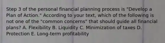 Step 3 of the personal financial planning process is "Develop a Plan of Action." According to your text, which of the following is not one of the "common concerns" that should guide all financial plans? A. Flexibility B. Liquidity C. Minimization of taxes D. Protection E. Long-term profitability