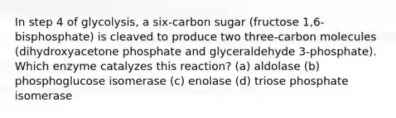 In step 4 of glycolysis, a six-carbon sugar (fructose 1,6-bisphosphate) is cleaved to produce two three-carbon molecules (dihydroxyacetone phosphate and glyceraldehyde 3-phosphate). Which enzyme catalyzes this reaction? (a) aldolase (b) phosphoglucose isomerase (c) enolase (d) triose phosphate isomerase