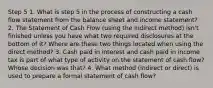 Step 5 1. What is step 5 in the process of constructing a cash flow statement from the balance sheet and income statement? 2. The Statement of Cash Flow (using the indirect method) isn't finished unless you have what two required disclosures at the bottom of it? Where are these two things located when using the direct method? 3. Cash paid in interest and cash paid in income tax is part of what type of activity on the statement of cash flow? Whose decision was that? 4. What method (indirect or direct) is used to prepare a formal statement of cash flow?