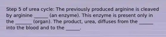 Step 5 of urea cycle: The previously produced arginine is cleaved by arginine ______ (an enzyme). This enzyme is present only in the _______ (organ). The product, urea, diffuses from the ______ into the blood and to the ______.