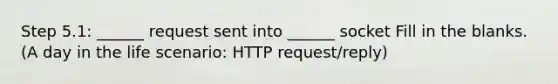 Step 5.1: ______ request sent into ______ socket Fill in the blanks. (A day in the life scenario: HTTP request/reply)