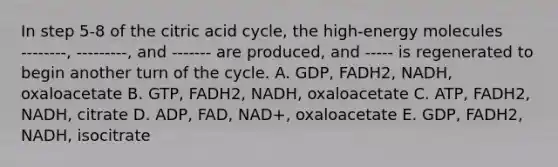 In step 5‐8 of the citric acid cycle, the high‐energy molecules ‐‐‐‐‐‐‐‐, ‐‐‐‐‐‐‐‐‐, and ‐‐‐‐‐‐‐ are produced, and ‐‐‐‐‐ is regenerated to begin another turn of the cycle. A. GDP, FADH2, NADH, oxaloacetate B. GTP, FADH2, NADH, oxaloacetate C. ATP, FADH2, NADH, citrate D. ADP, FAD, NAD+, oxaloacetate E. GDP, FADH2, NADH, isocitrate