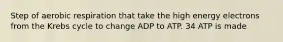 Step of aerobic respiration that take the high energy electrons from the Krebs cycle to change ADP to ATP. 34 ATP is made